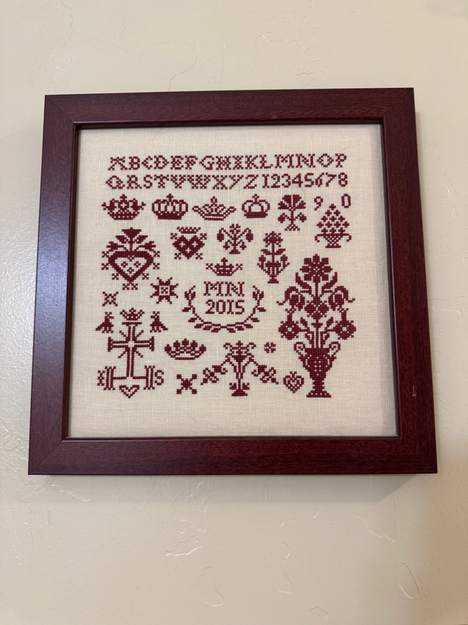 Burgundy alphabet sampler, 2015